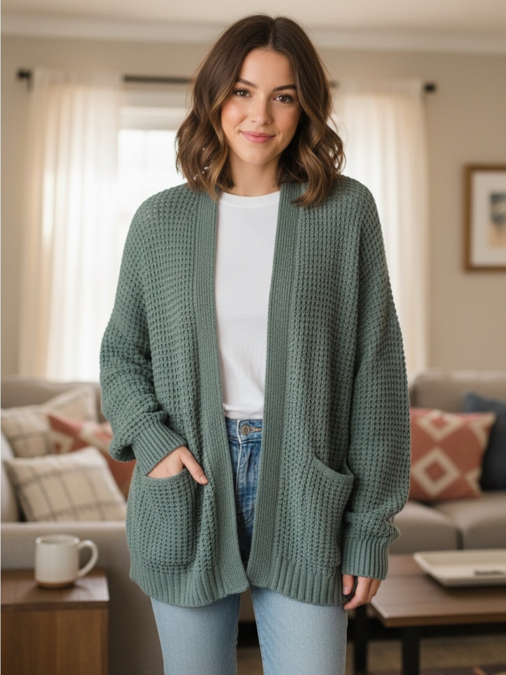 American Eagle Outfitters Sage Green Waffle Knit Open-Front Cardigan